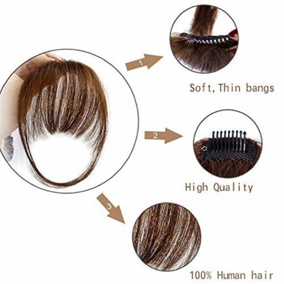 100% Real Human Hair Clip on Wispy Front Bangs Fringe Hairpiece, Topper - Picture 4 of 15